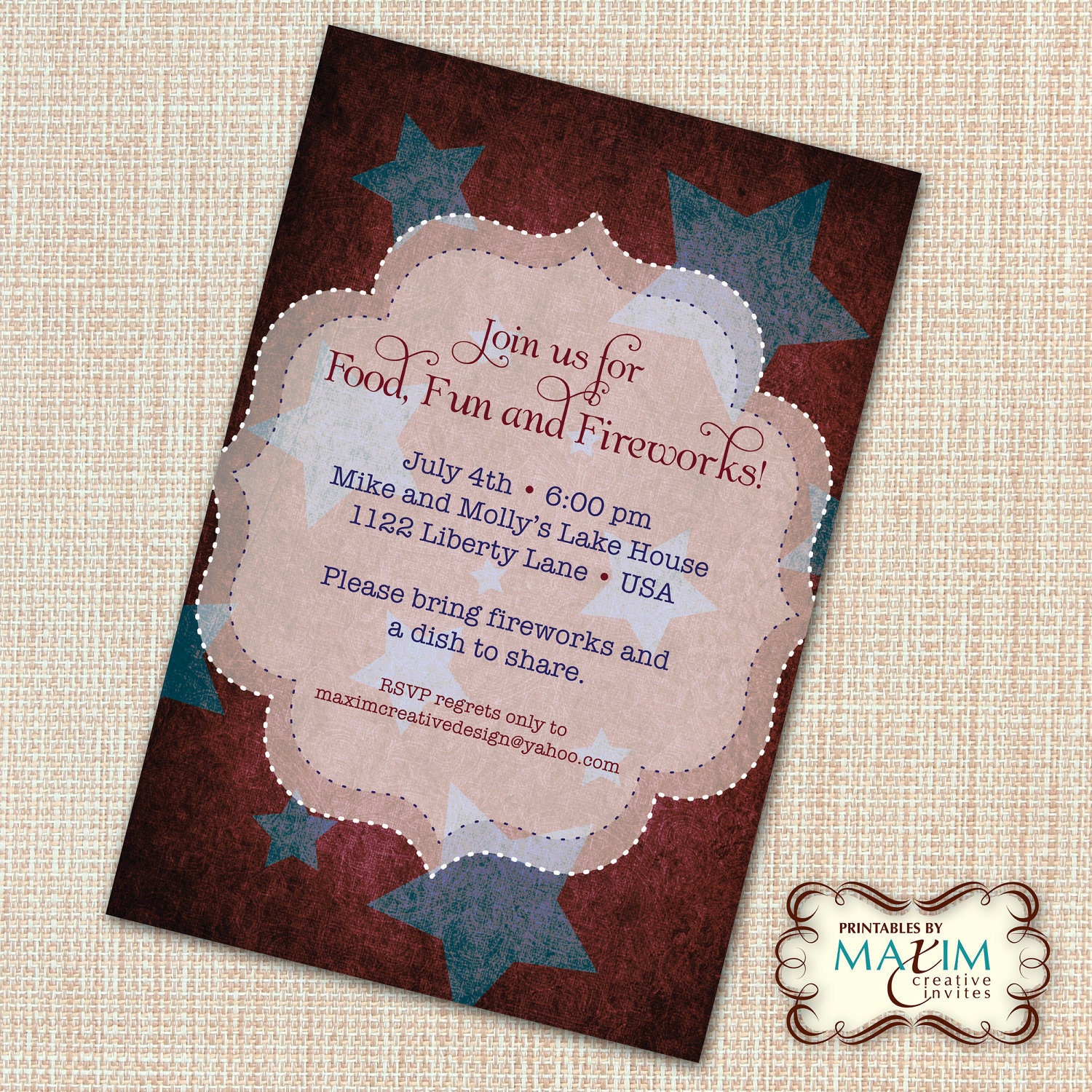 DIY Printable Invitation - 4th of July Invitation, Engagement Party, BBQ invitation, Vintage Star Invitation, Rehearsal Dinner Invitation