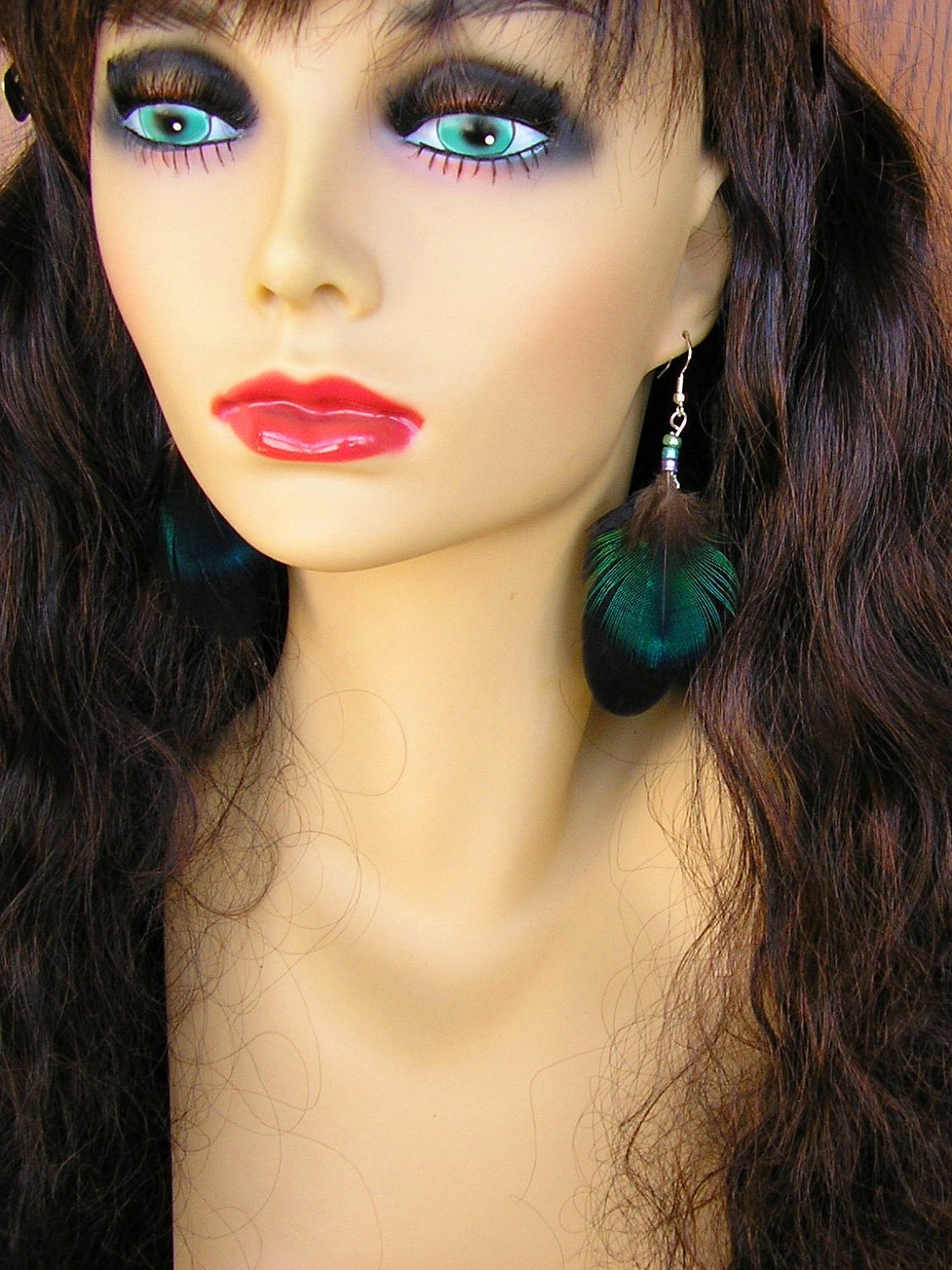 3 1/2" long  Feather Earrings with Peacock Iris Blue and Black featgers with metallic purple, green and turquoise Czech glass beads