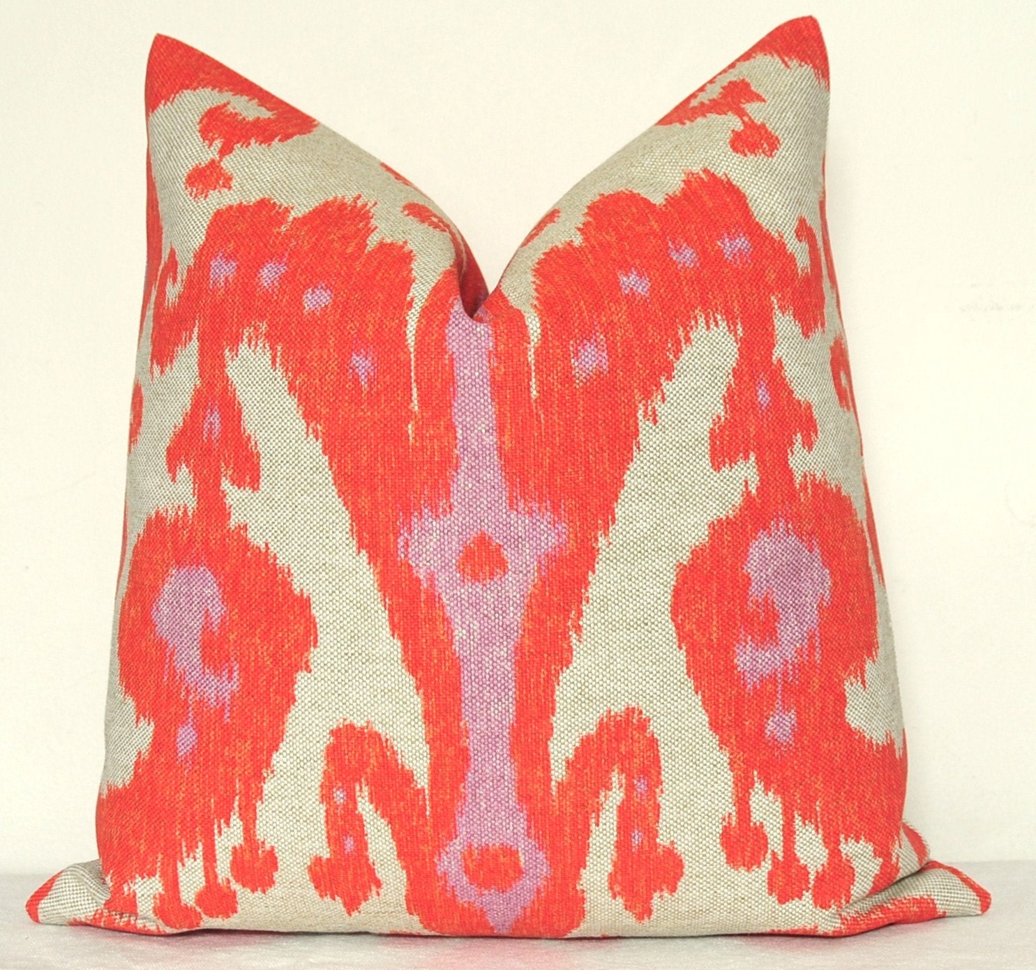 BOTH SIDES - Pillow Cover - Throw Pillow - Toss Pillow - Accent Pillow - Decorative Pillow - Ikat - Hot Coral - Lilac - 17x17 in