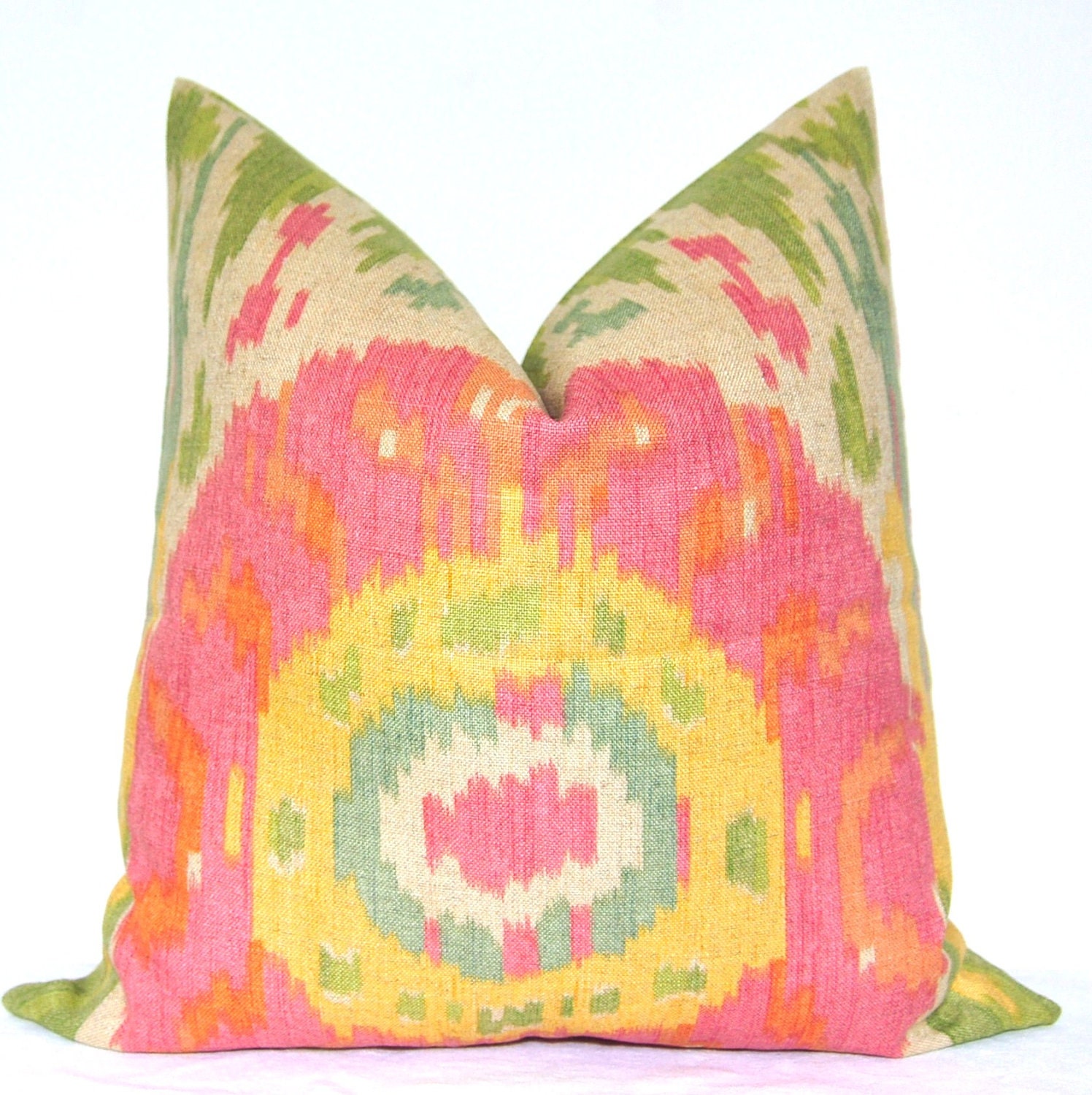 Set of Two - Beautiful Decorative Pillows - Suzani - Ikat Print - On Both Sides - 17x17 inch - Pink - Green - Throw Pillows - Toss Pillows