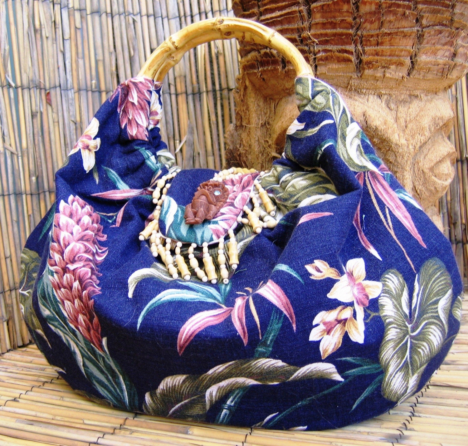 Coco Blue Retro Inspired Barkcloth Handbag with vintage bamboo handles