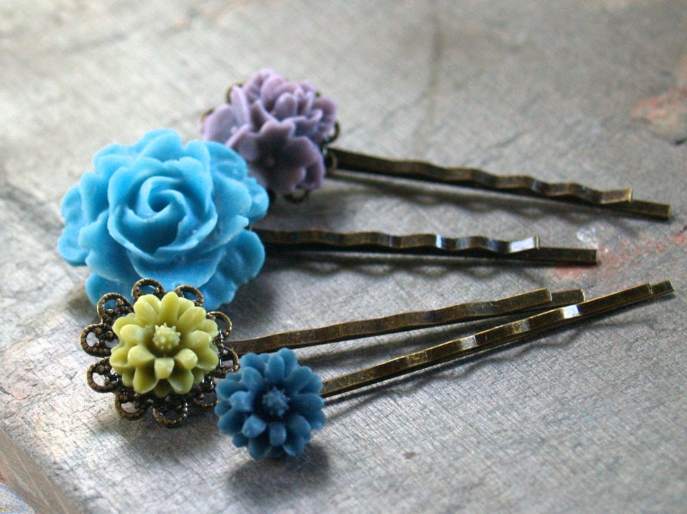 Flower Hairpins Brass Filigree - Blue Green Purple - Wild Blueberries