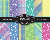 Spring Polkas and Plaids Digital Paper Pack great for Spring, Easter, baby showers, cards, invitations