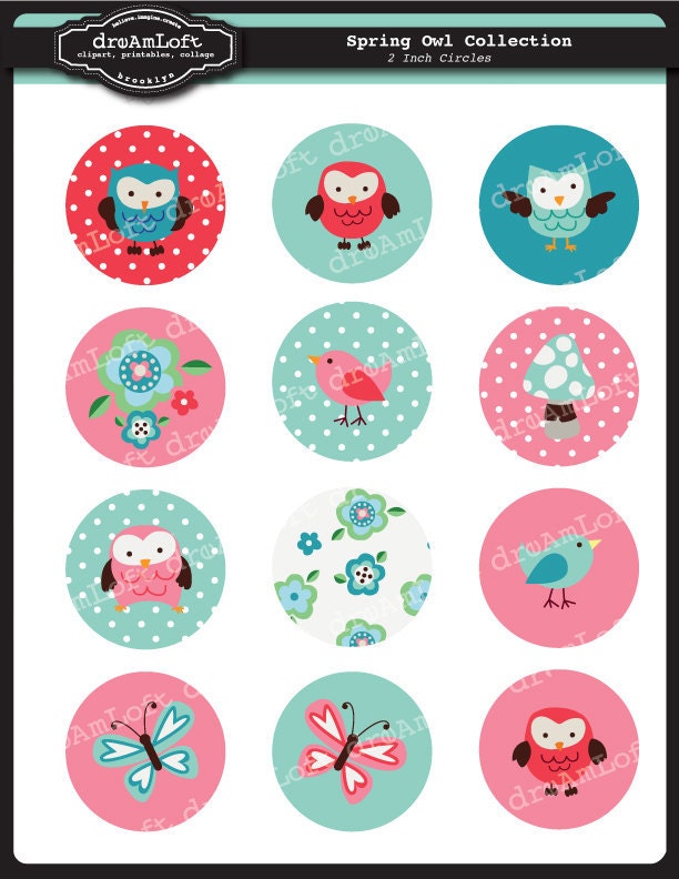 Spring Owl 2 inch Round Printable Circles for stickers, cupcake toppers, cards, stationary, invitations, scrapbooking and all paper crafts