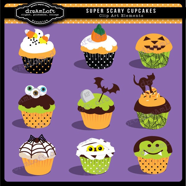 Halloween Clip Art Super Scary Cupcakes Digital Clipart for Personal and Commercial use