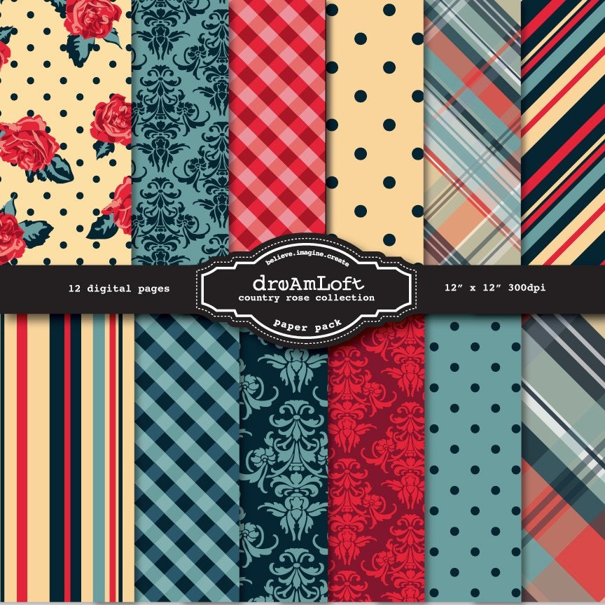 Country Rose Digital Paper Pack perfect for stationary, buttons, coasters, prints, packaging design, labels, gift paper