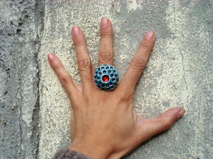 Geometric Dots Ring Red and Blue ceramic fashion jewelry