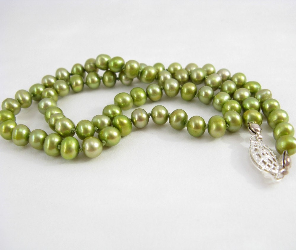 Bella - handmade pearl necklace, silk and sterling silver, in lime, by lotusstone on etsy