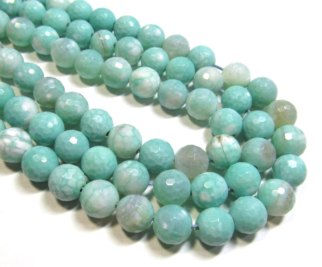 7" STRAND - Crackle Agate Beads - 10mm Rounds - Disco Faceted Seafoam Blue and White (7" strand - 18 beads) - str084