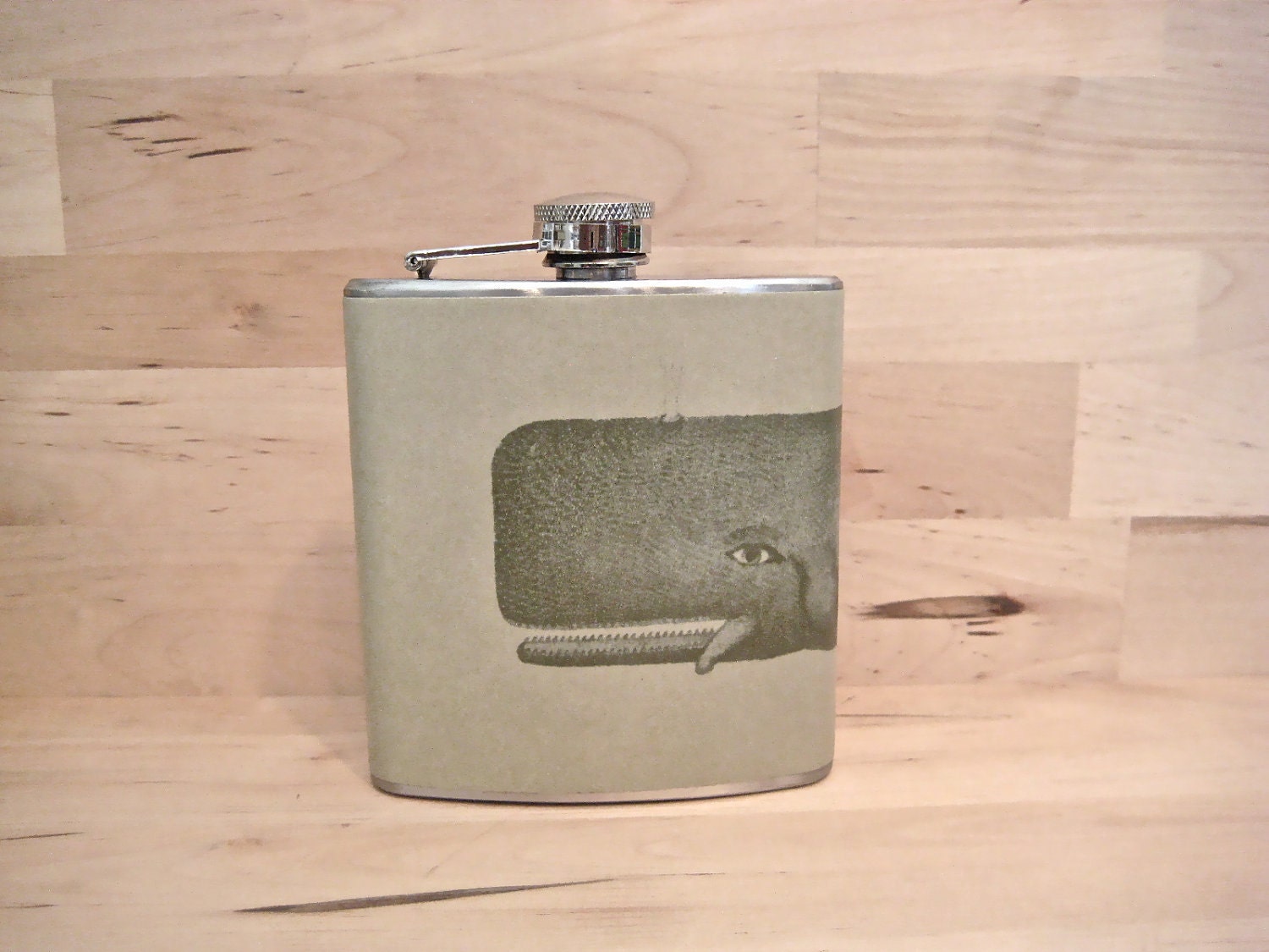 Moby Dick- Vintage Whale Illustration on Cement 6 oz Stainless Steel Hip Flask