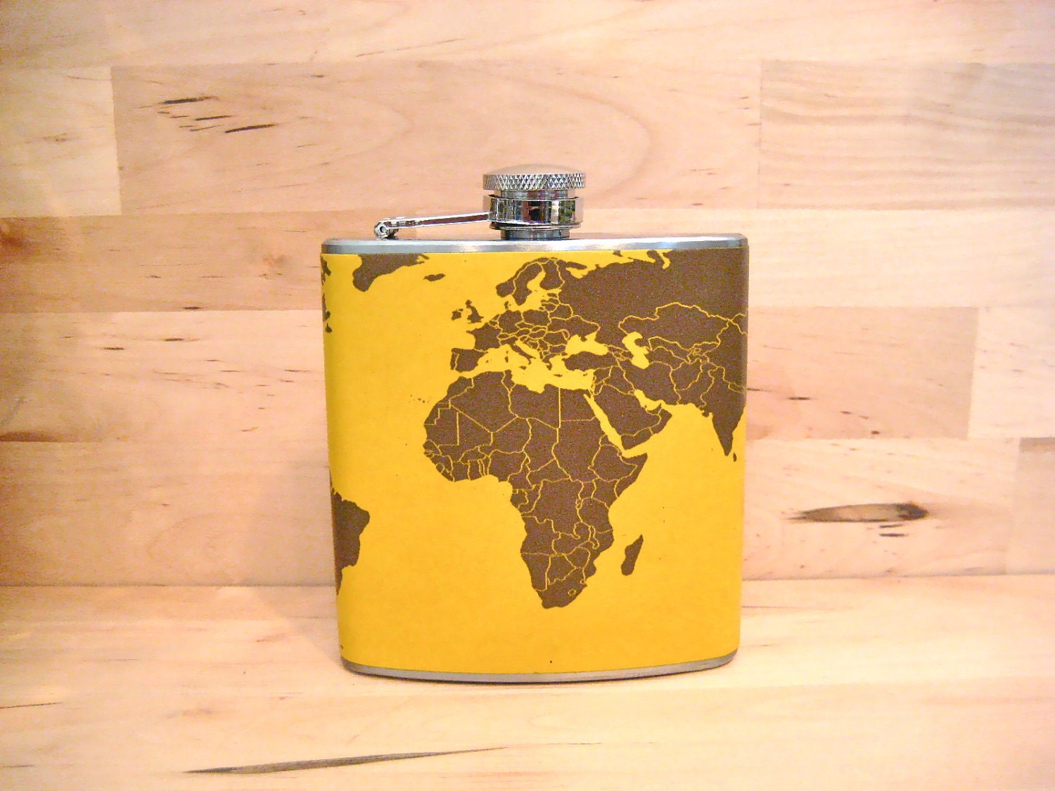 The World is in Your Hands- 6 oz Stainless Steel - The Wanderlust Flask (TM) - World Map in Curry