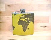 The World is in Your Hands- 6 oz Stainless Steel - The Wanderlust Flask - World Map in Curry