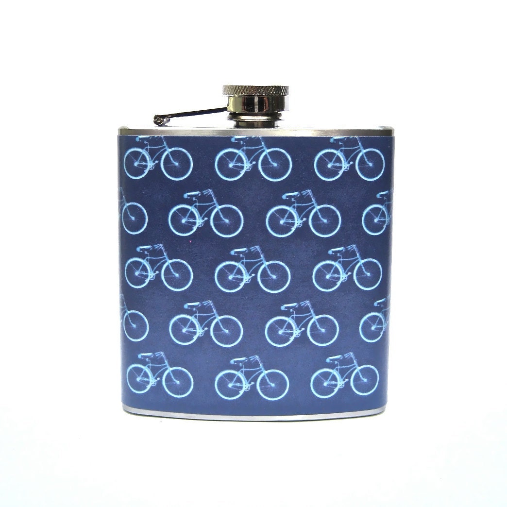 Flask 6 oz Stainless Steel Petite Bicycles Whiskey Flask Navy Blue Groomsmen Wedding Bridesmaid Gift Flask