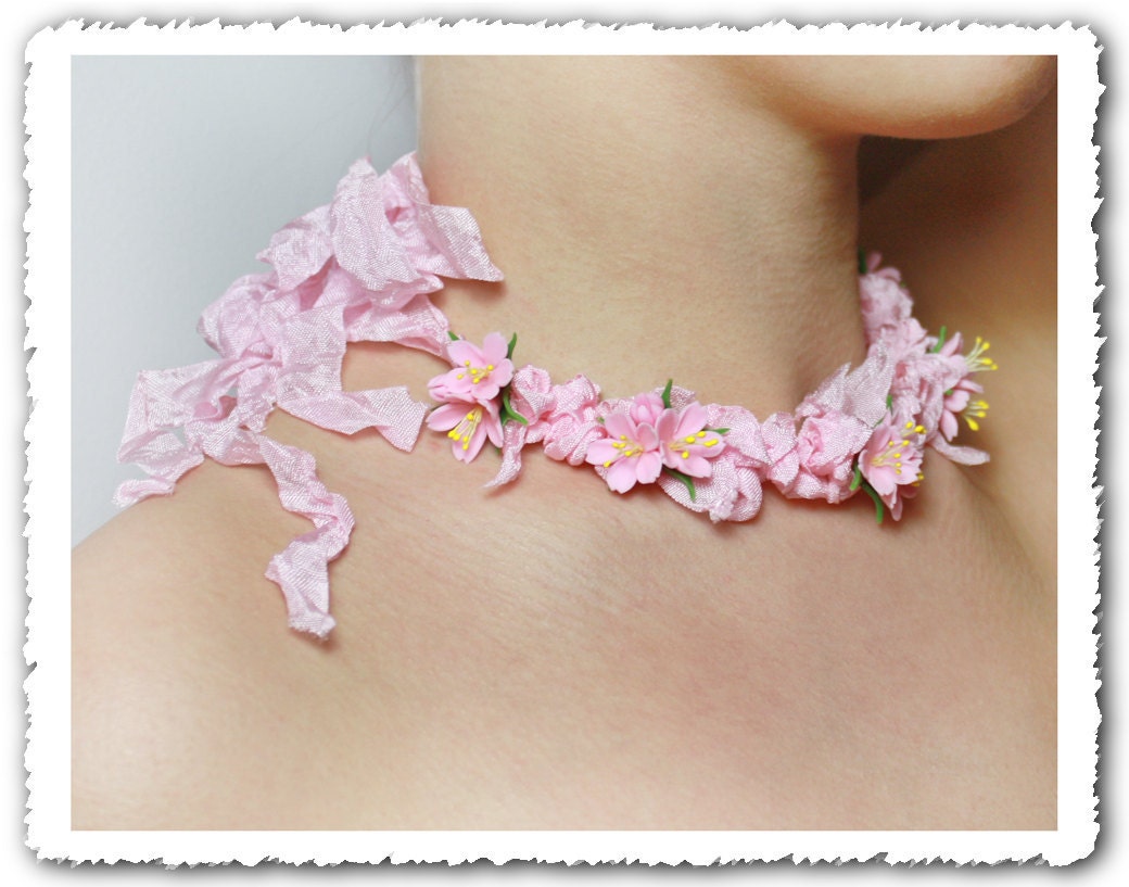 Sakura Hand Sculpted Cherry Blossoms Necklace or Headband
