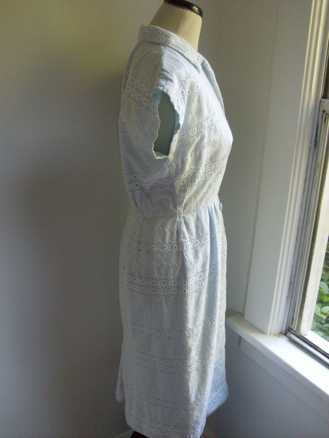 Pretty white eyelet vintage dress with pale blue accents