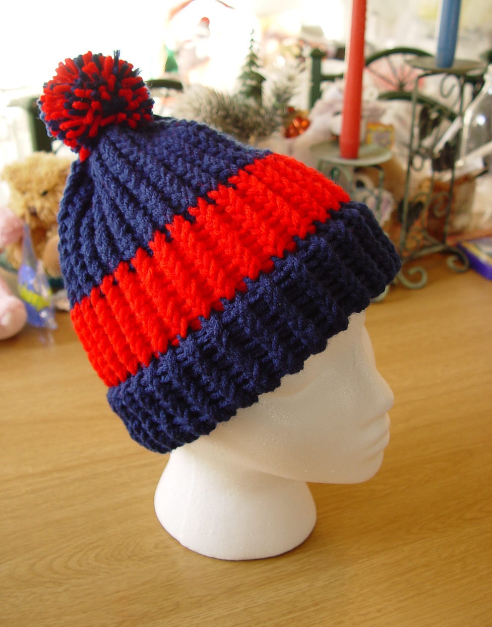 Knit Adult Beanie Hat Navy Blue and Red with a Pom Pom Accent Handmade