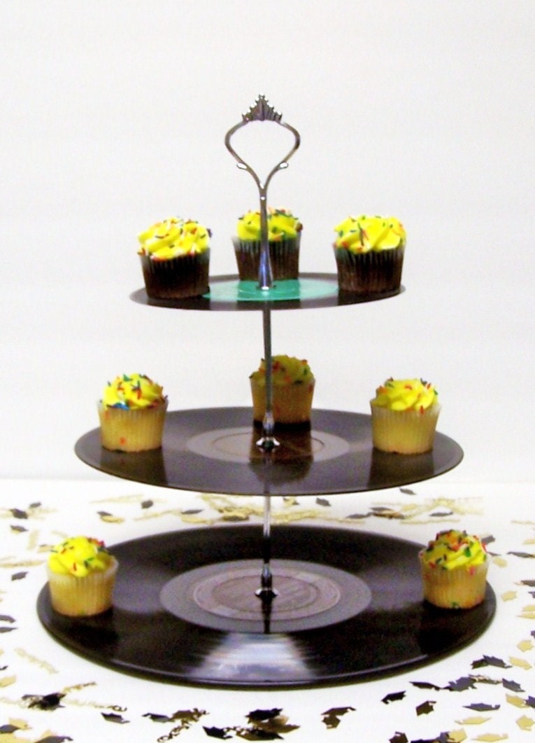 Retro Record Dessert 3 Tier Pedestal Cake Cupcake Stand Recycle Rockabilly Wedding Birthday Lets Rock N Roll