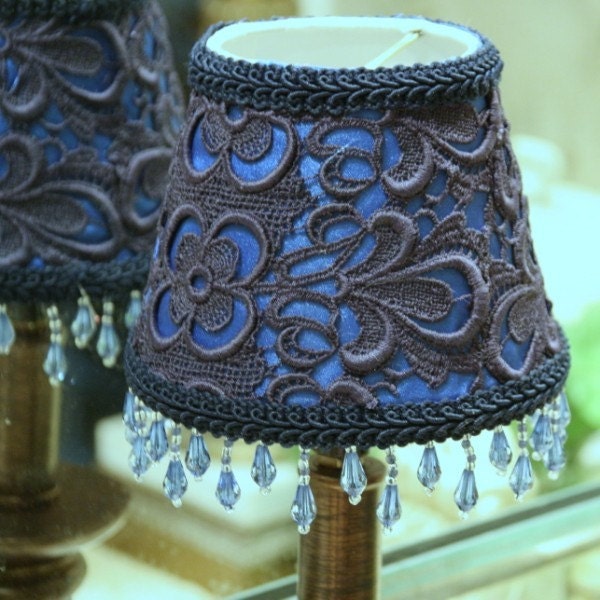 LAMP SHADE - Dark Blue Lace on Royal Blue Satin with Blue beaded fringe NEW