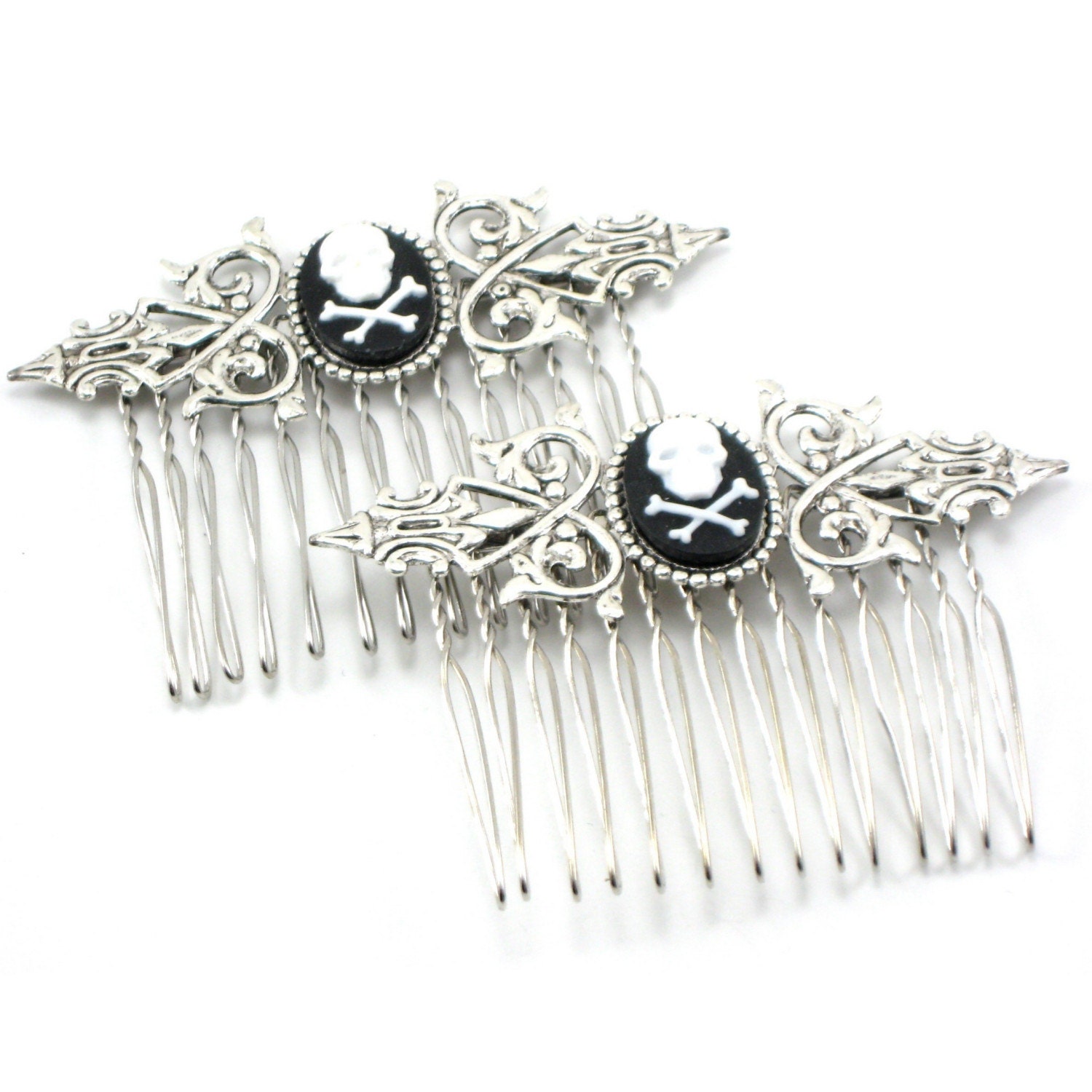 Gothic Lolita Hair Combs - Gothic Hair Combs - with White on Black Skull and Crossbones Cameos - Set of 2 - By Ghostlove