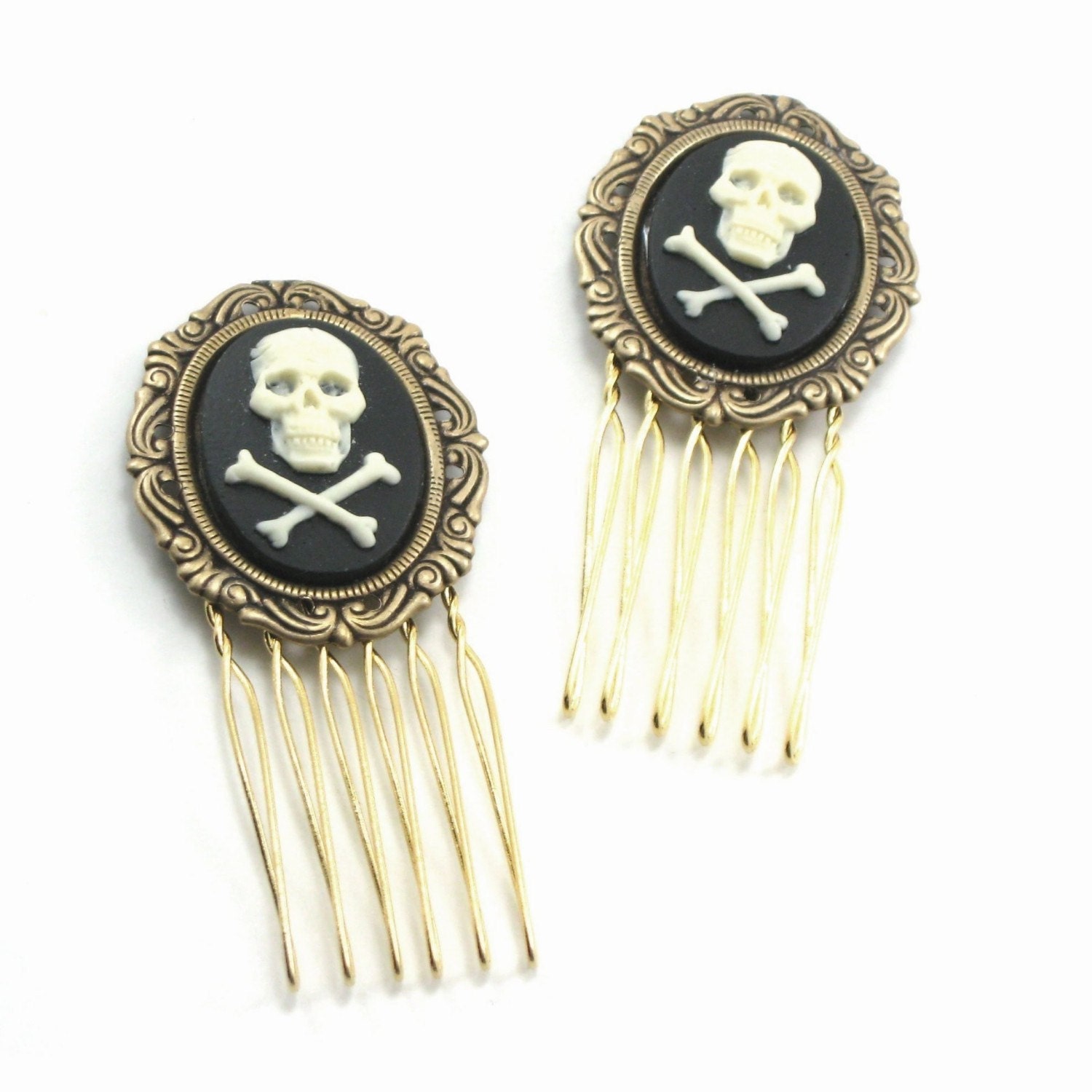 Gothic Lolita Mini Hair Combs - with Skull and Crossbones Cameos in Cream on Black - Set of 2 - By Ghostlove