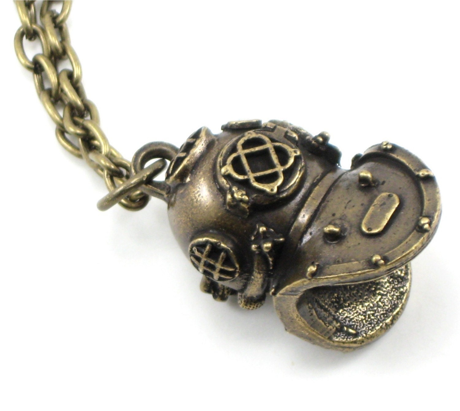 Nautical Steampunk Necklace - Holy Diver - 20,000 Leagues Under the Sea Inspired Vintage Diving Helmet Replica - Solid Brass - By Ghostlove