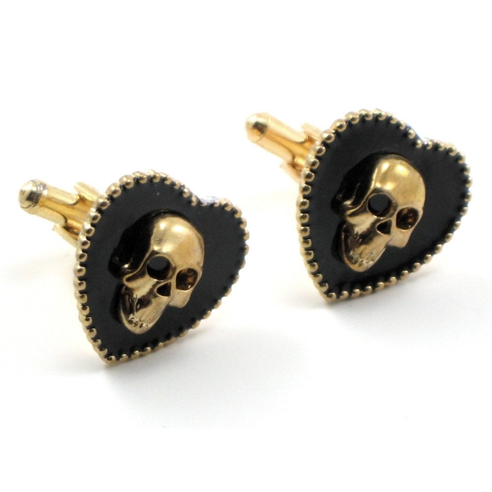 Gothic Wedding Cufflinks - The Dark Heart - Black Enamel Hearts with Gold Plated Skulls By Ghostlove