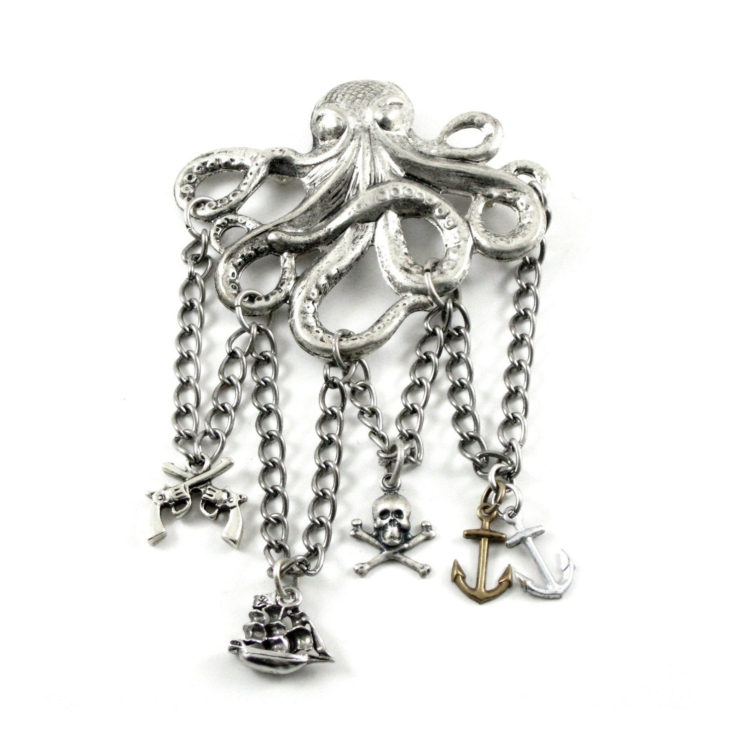 Steampunk Brooch - Nautical Octopus Brooch - The Ghost of the Kraken - with Hanging Pirate Themed Charms - Antiqued Silver - Ghostlove
