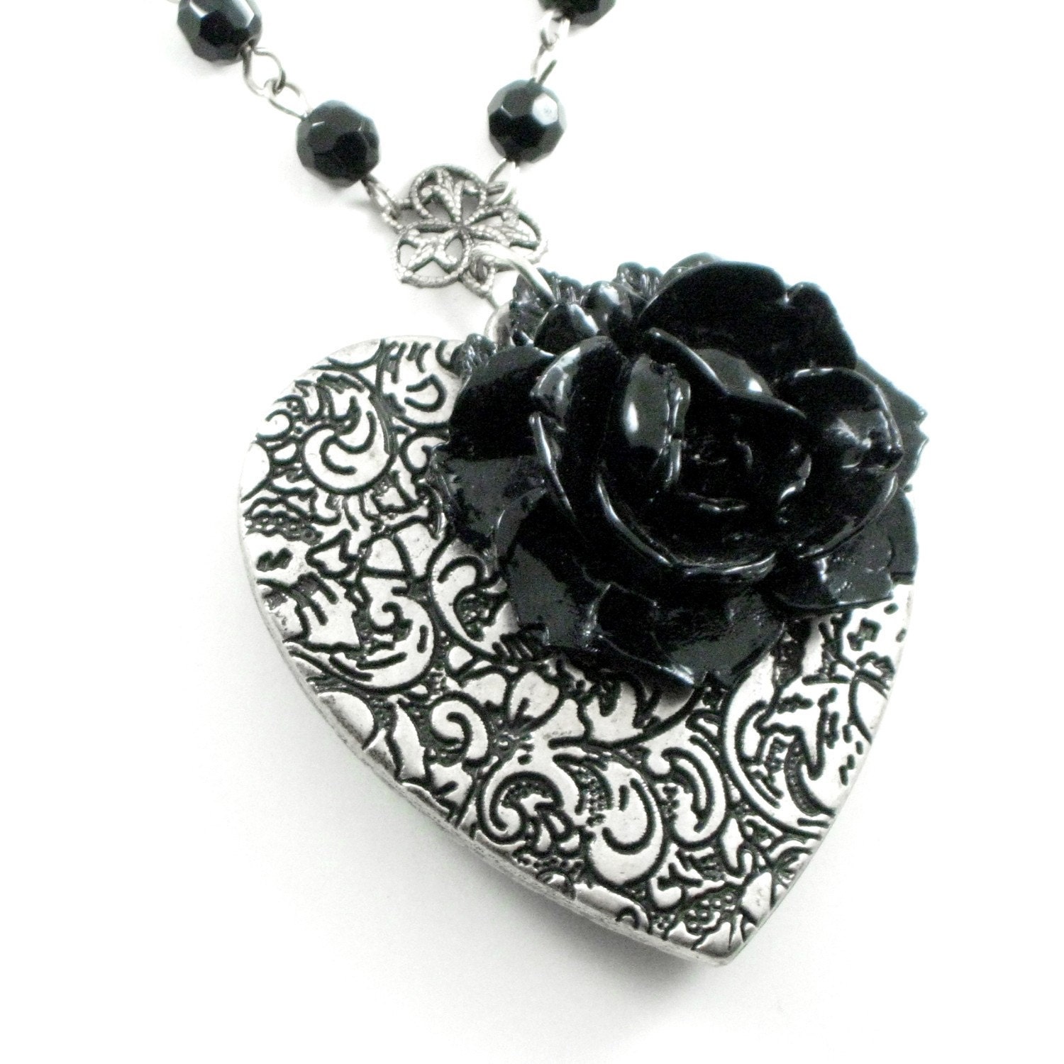 Gothic Lolita Necklace - Gothic Necklace - Midnight at the Opera - Black Rosary Chain with Puffy Heart and Acrylic Rose - by Ghostlove