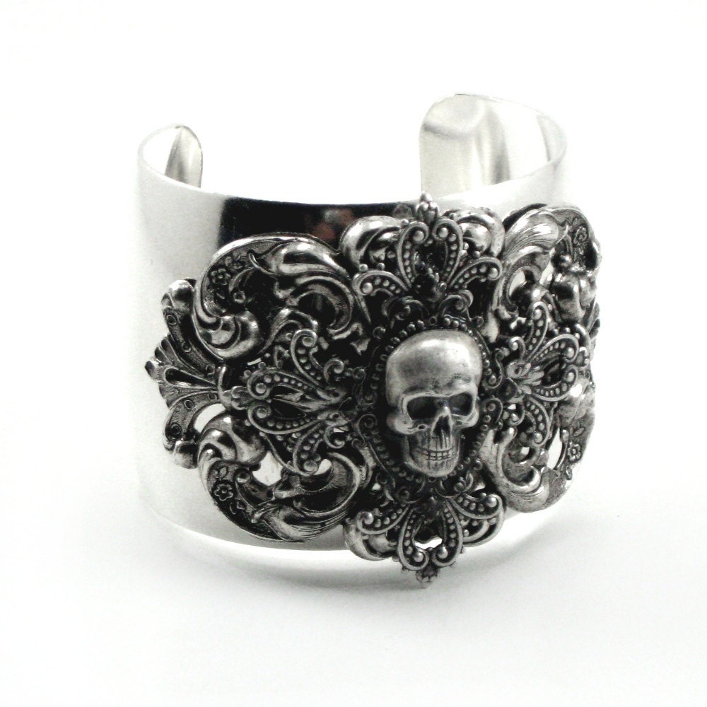 Gothic Bracelet - Skull Wrist Cuff - Menace - Layered with Antiqued Sterling Silver Plated Filigree Cross - by Ghostlove