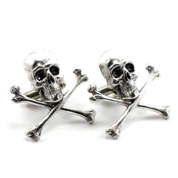 Gothic Wedding Cuff Links - Skull Cuff Links - Antiqued Sterling Silver Plated Skull and Crossbones - By Ghostlove