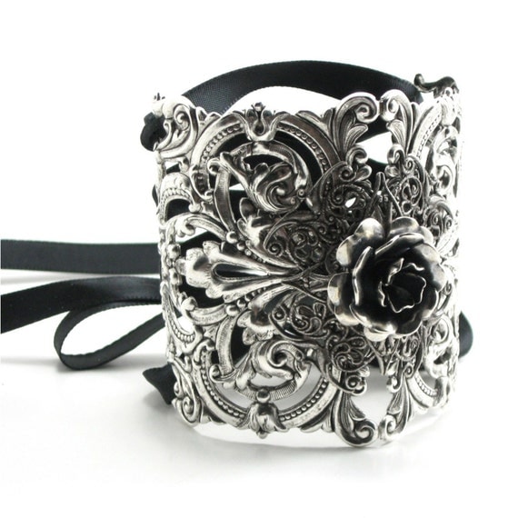 Gothic Lolita Bracelet - Ikebana Corset Cuff - with Antiqued Sterling Silver Plated Filigree and Ribbon Ties - by Ghostlove