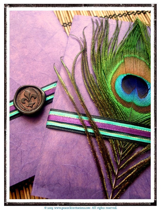 OLIVIA PARIS French Style Peacock Themed Wedding Invitation in Purple and Gold