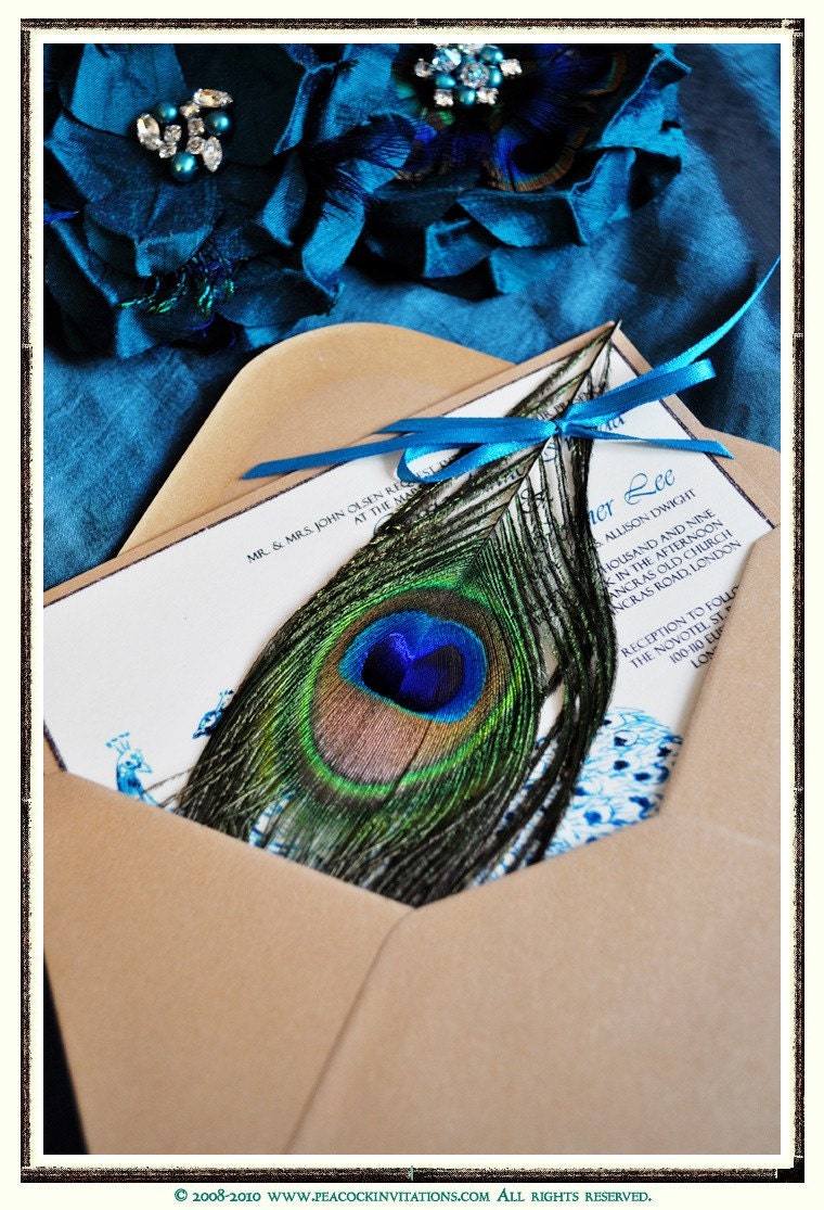 CARRIE Peacock Themed Wedding Invitations in Teal Blue and Cappuccino