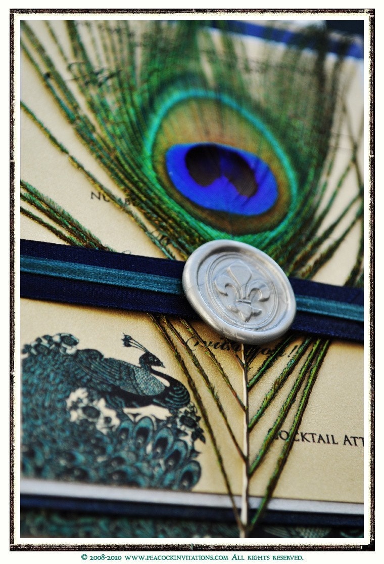 GALINA Peacock Themed Wedding Invitations in Forest Green Silver and Navy