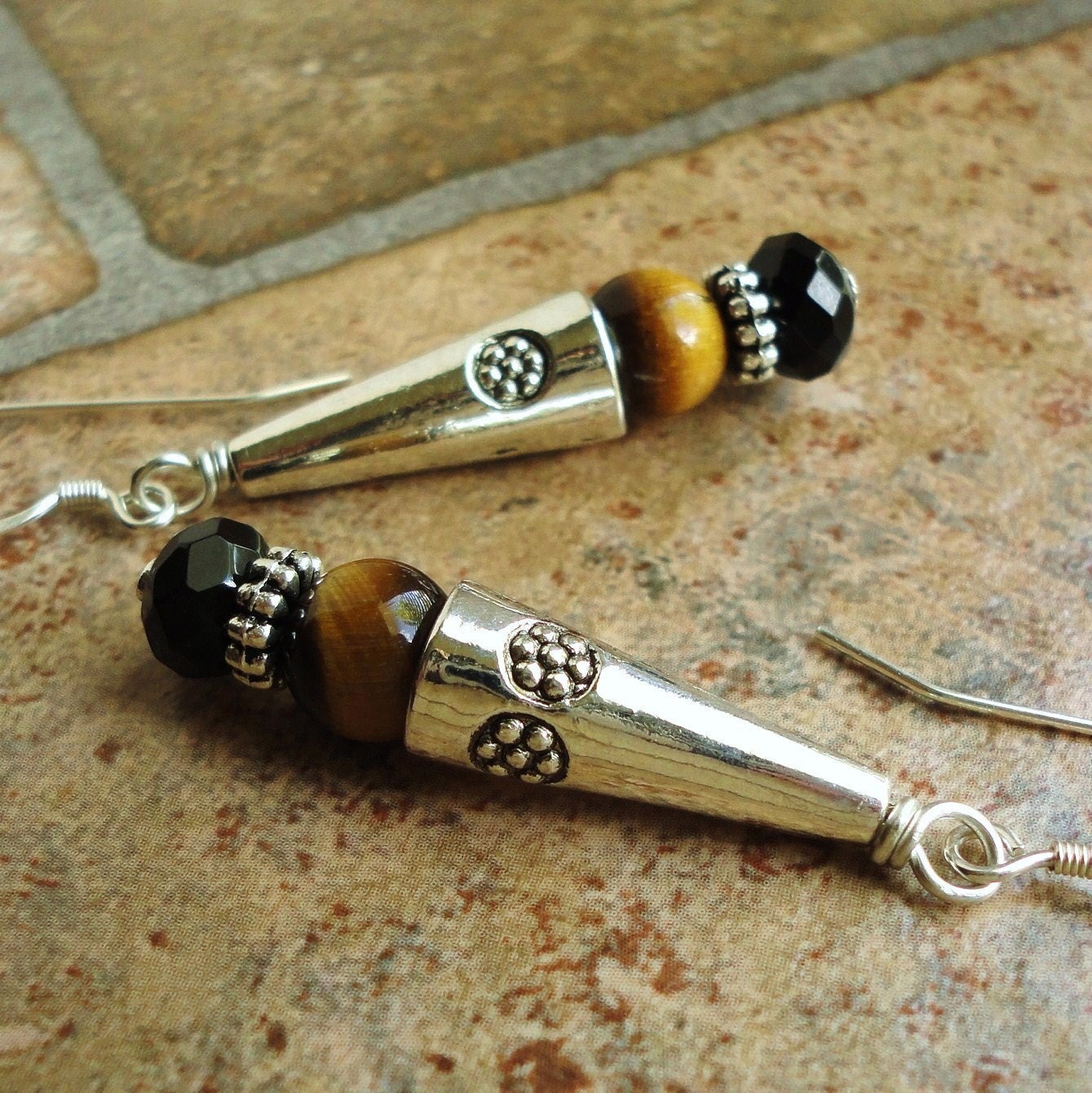 Tiger Eye & Black Onyx Earrings, Sterling Silver Earwires, Handmade, Natural Stone