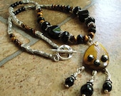 Tiger Eye Black Onyx Pendant Necklace 18in, Handmade Jewelry, Gemstone