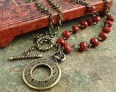 Red Jasper Clock Pendant Necklace, Antiqued Brass Rollo Chain, TierraCast, Handmade