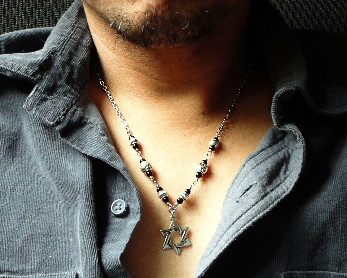 Black Onyx, Star of David Pendant Necklace for Men, Stainless Steel Chain, 20 inches, Mens Jewelry