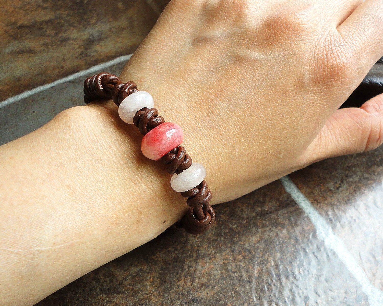 Brown Leather Bracelet with Natural Pink Stone - Rose Quartz, Candy Jade - Hand Braided