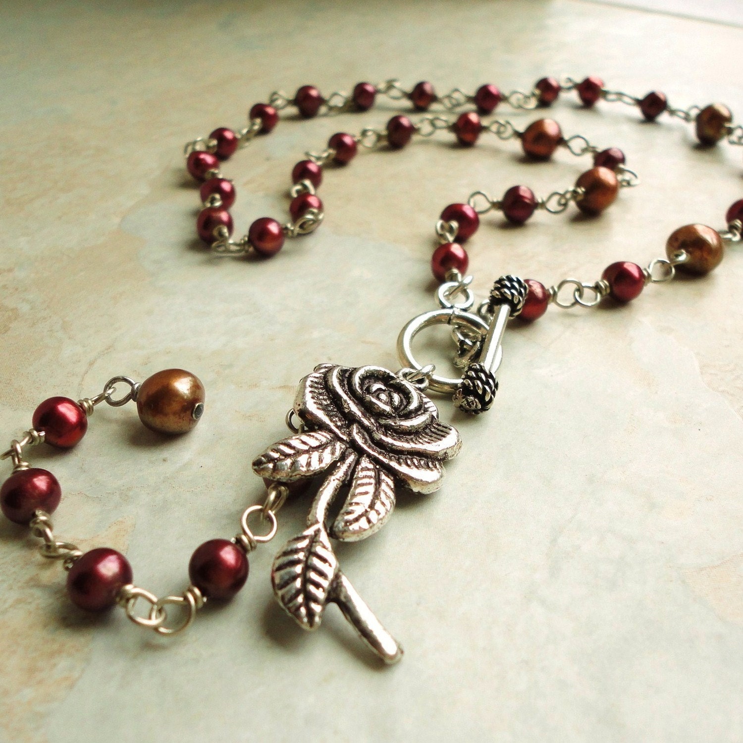 Pearl Artisan Metal Rose Pendant Necklace, Cherry Cinnamon, Handmade