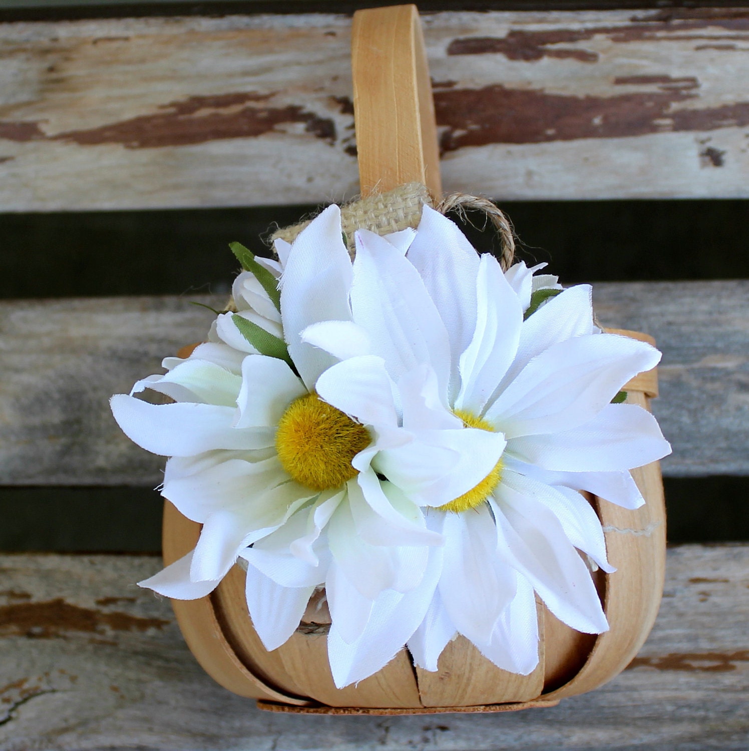 Flowergirl Basket with White Daisies and Burlap Accents