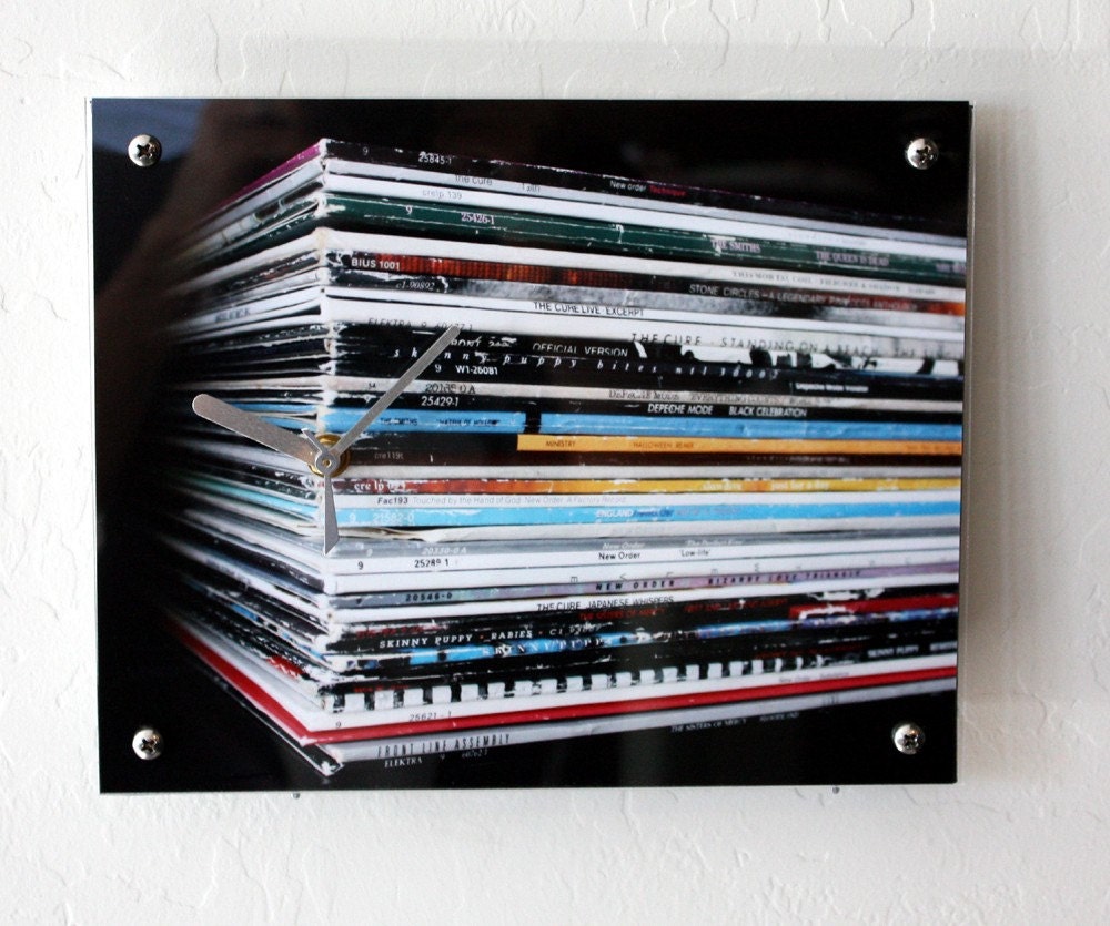 Mens Retro Wall Clock :  Vinyl Record Stack (New Order, Cure, Depeche Mode, Smiths, Slowdive)