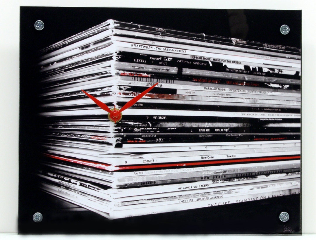 Mens Geometric Mod Clock : Vinyl Record Bind Stack (New Order, Cure, Depeche Mode, Smiths, Morrissey)