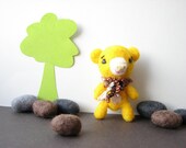 Miniature yellow teddy bear from wool FREE drawstring bag