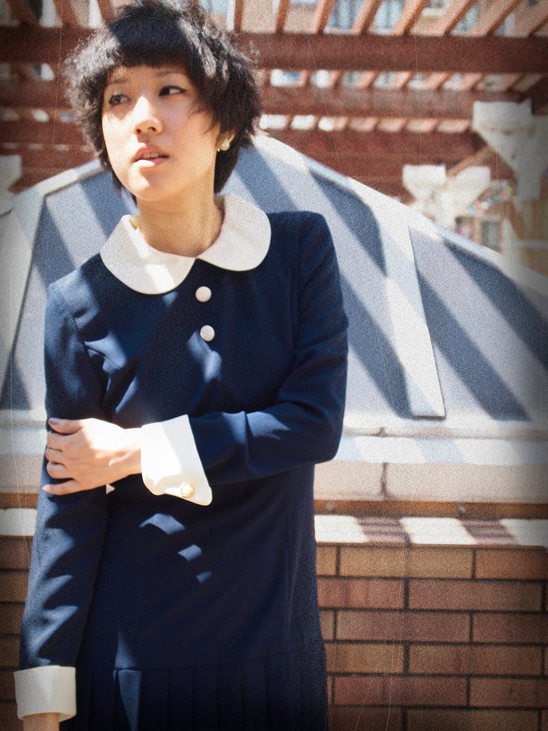 peter pan collar office fashion navy pleated dress long sleeves - RESERVED FOR SANDY
