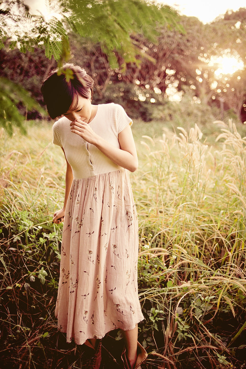 small spring dress pastel pink fashion floral maxi vintage cream beige chiffon