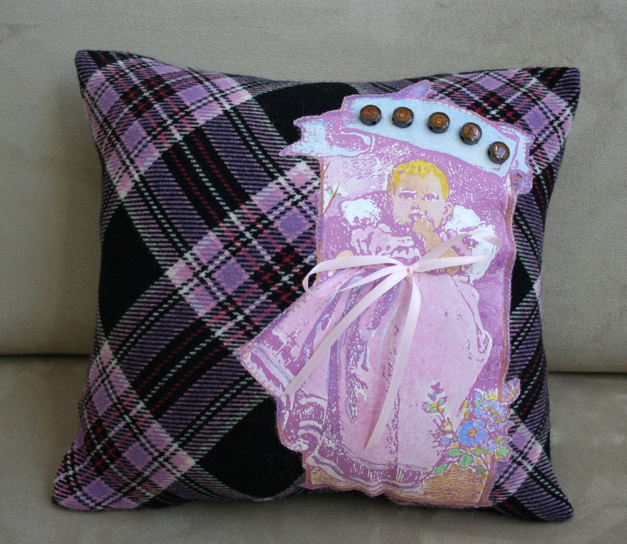 SALE Pink Plaid Wool Mixed Media Pillow "Sugar Baby"