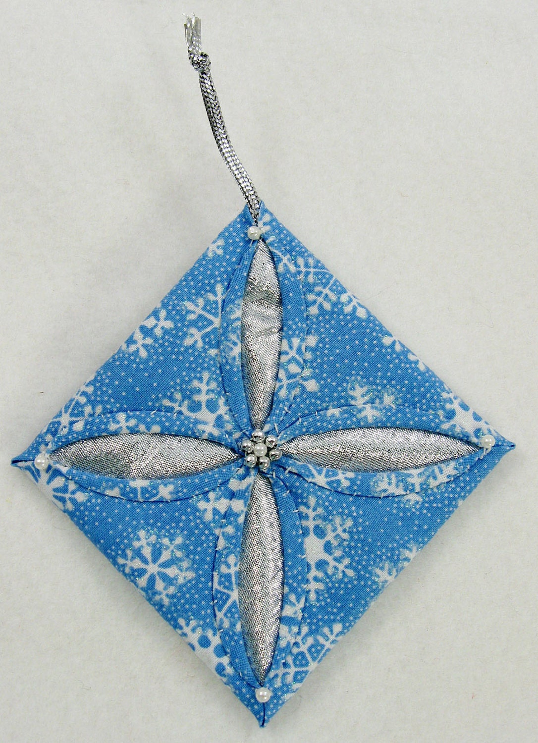 Blue, White and Silver Cathedral Window Quilted Christmas Ornament 520