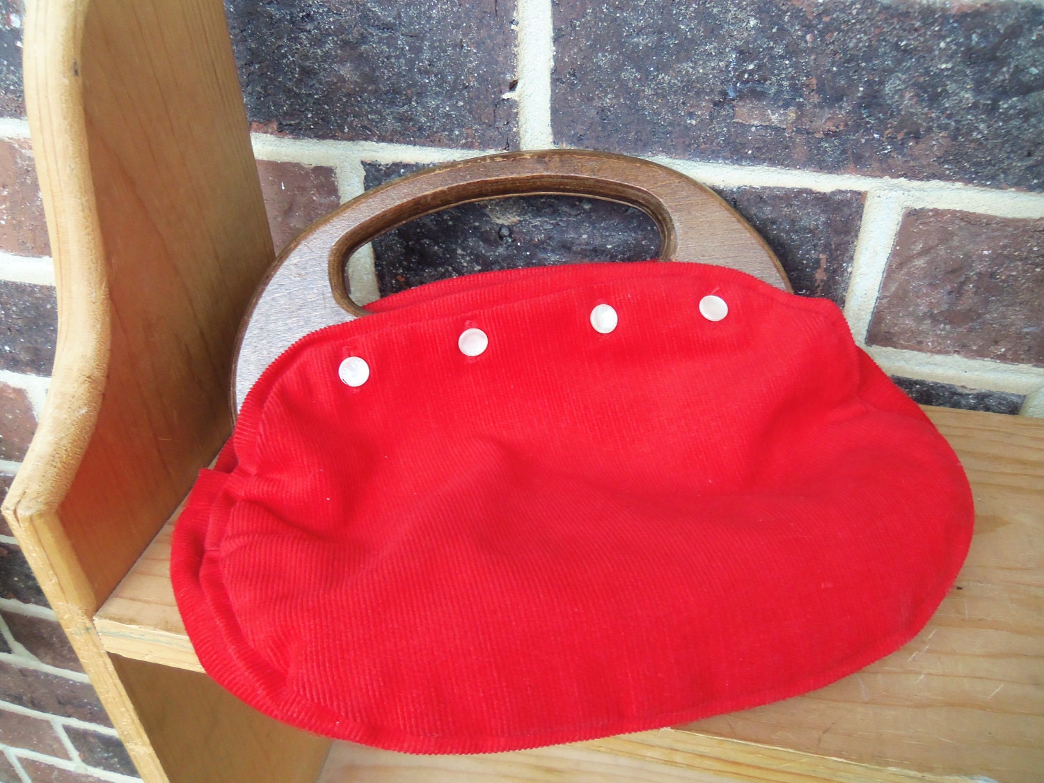 Red Corduroy Purse Wooden Handles 80s Button by The5thHouse