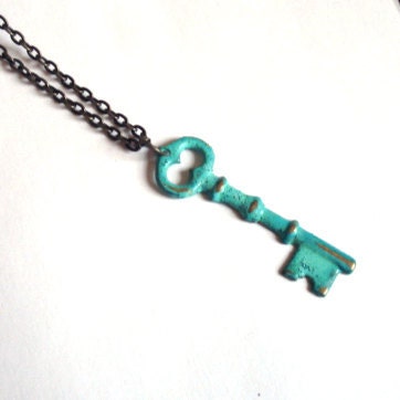 Mint Green Verdigris Hand Aged Raw Brass Skeleton Key Necklace